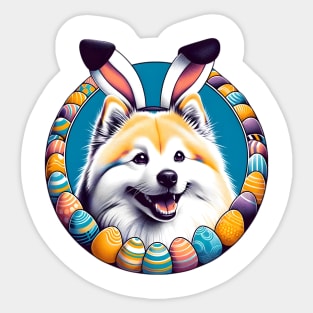 Japanese Spitz Enjoys Easter with Bunny Ears and Joyful Eggs Sticker